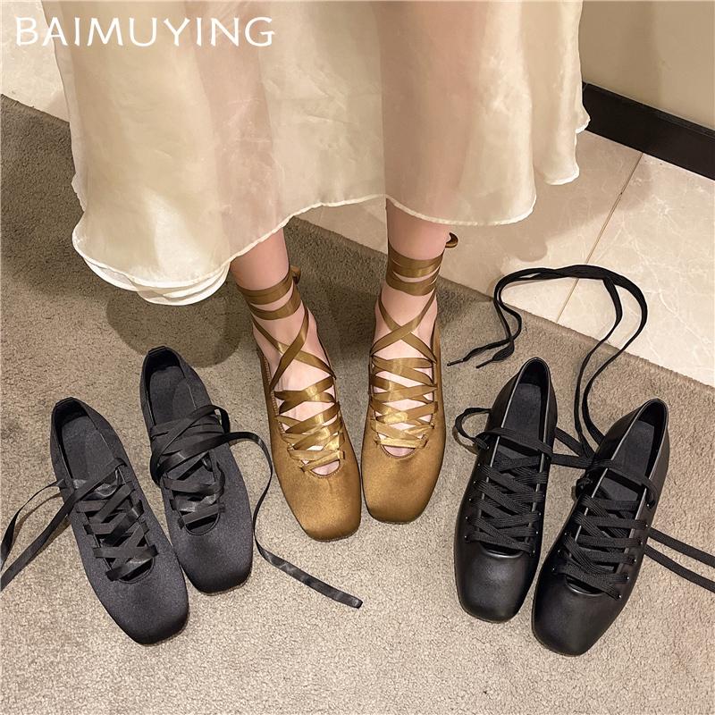 Square Toe Shallow Women Ballet Dance Shoes Elegant Lace Up Soft Winter Shoes 2025 Trend Designer Dress New Chaussures Ladies
