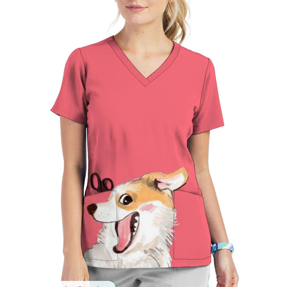 Animal Printed Pet Clinic Vet Work Uniforms Women Nurse Accessories Hospital Doctor Nursing T-Shirt Medical Scrubs Clothes Tops