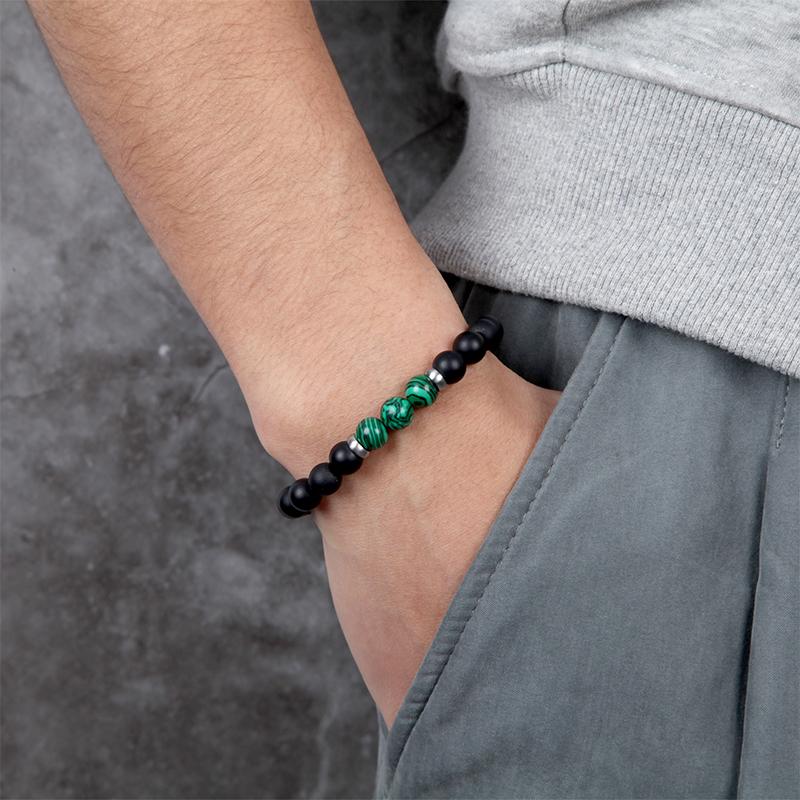 MATT STONE BRACELET 8mm Matt Onyx Stone Bead Bracelet with Reptile Design Lobster Lock, Green Malachit Stones