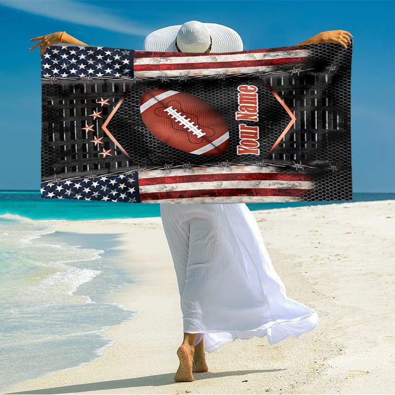 1PC Custom Name American Football Emblem Beach Towel Highly Absorbent And Sand-Resistant Towel for Swimming, Pool, Yoga, And Travel Lightweight