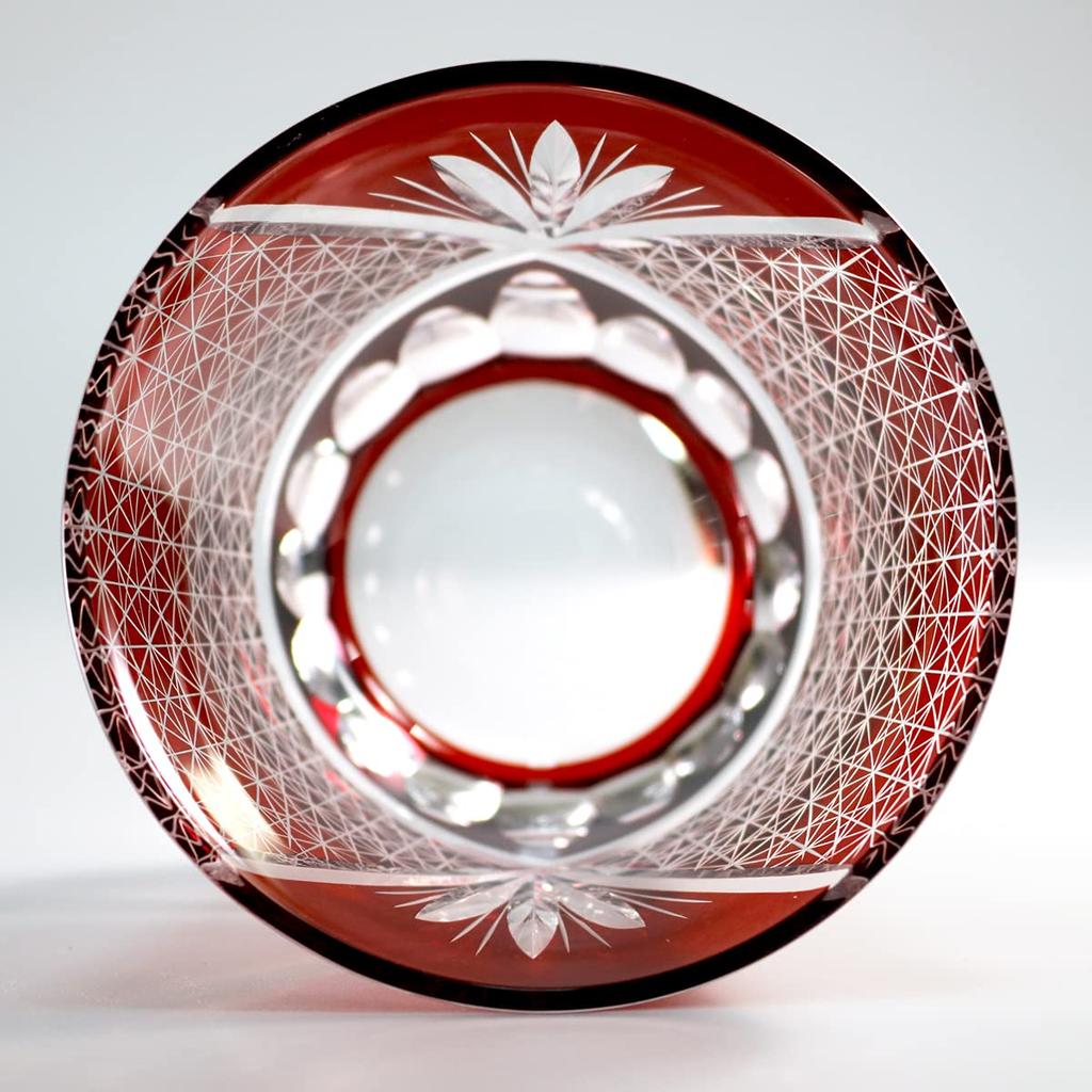 GREEM MARKET Crafts with Wooden Box Glasswork Kiriko Glass Cup Shochu Glass Chrysanthemum Tsunagi Pattern Kiriko Glass Product GMS00763 Number (Red)
