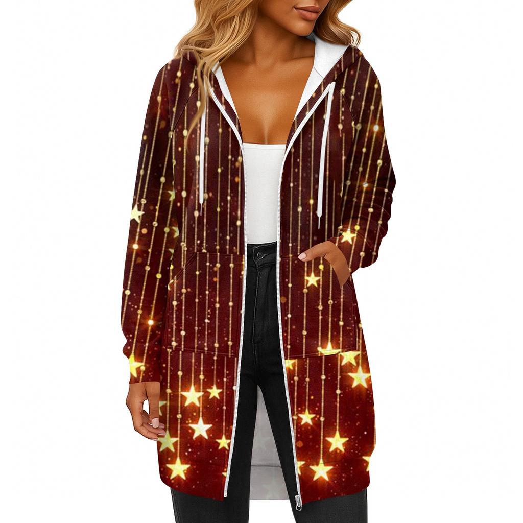 Women's Fashionable Christmas Printed Long Sleeved Drawstring Hooded Zipper Pocket Long Casual Sweatshirt Jacket