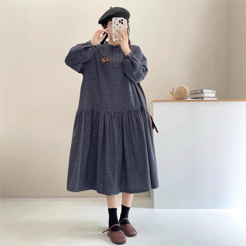 Johnature Платье в японском стиле с воротником-стойкой в клетку, весна-осень, ретро, универсальные, свободные, женские платья в стиле пэчворк