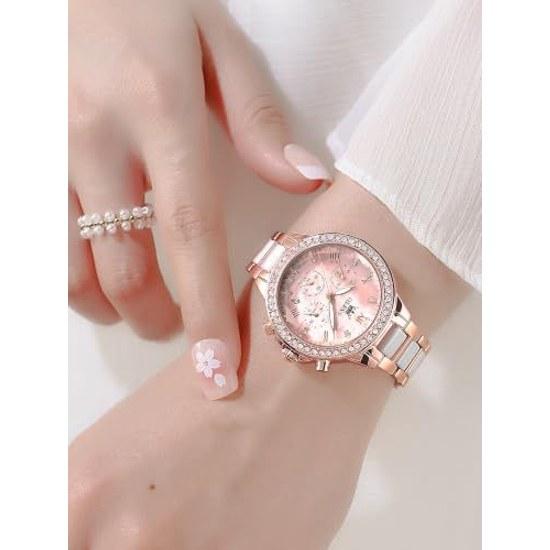OLEVS watch women ceramic cute quartz popular elegant stylish date waterproof luminous pink