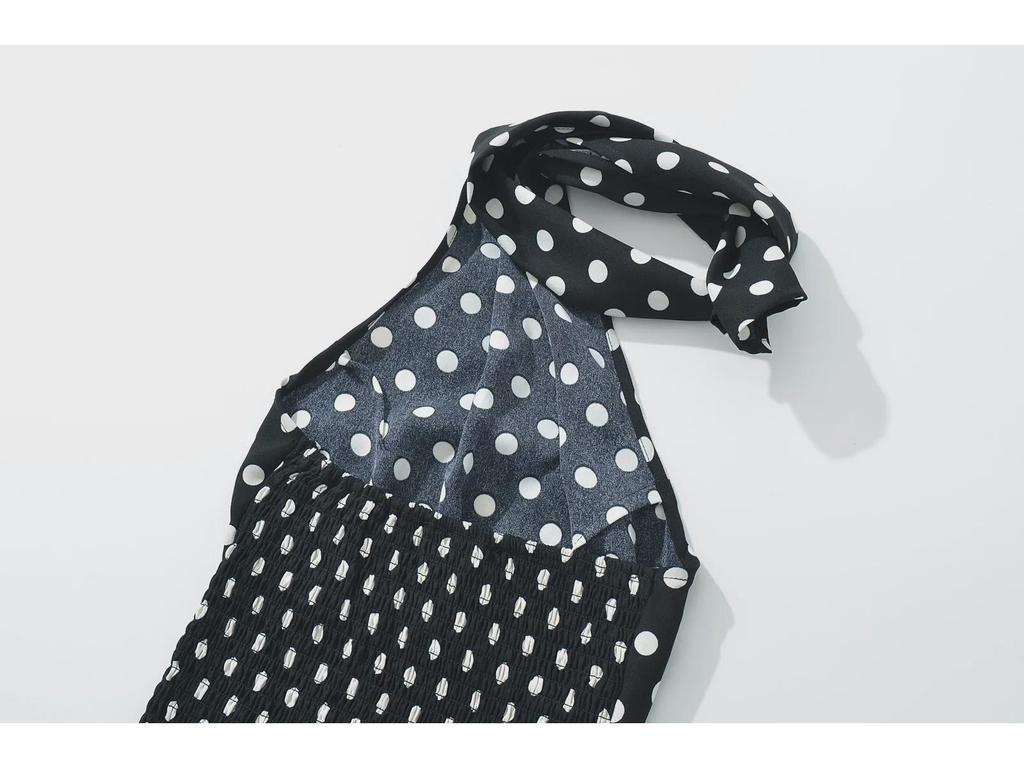 Топ-халтер в стиле ретро в горошек 2025 года + мини-юбка А-силуэта со шнуровкой и заниженной талией