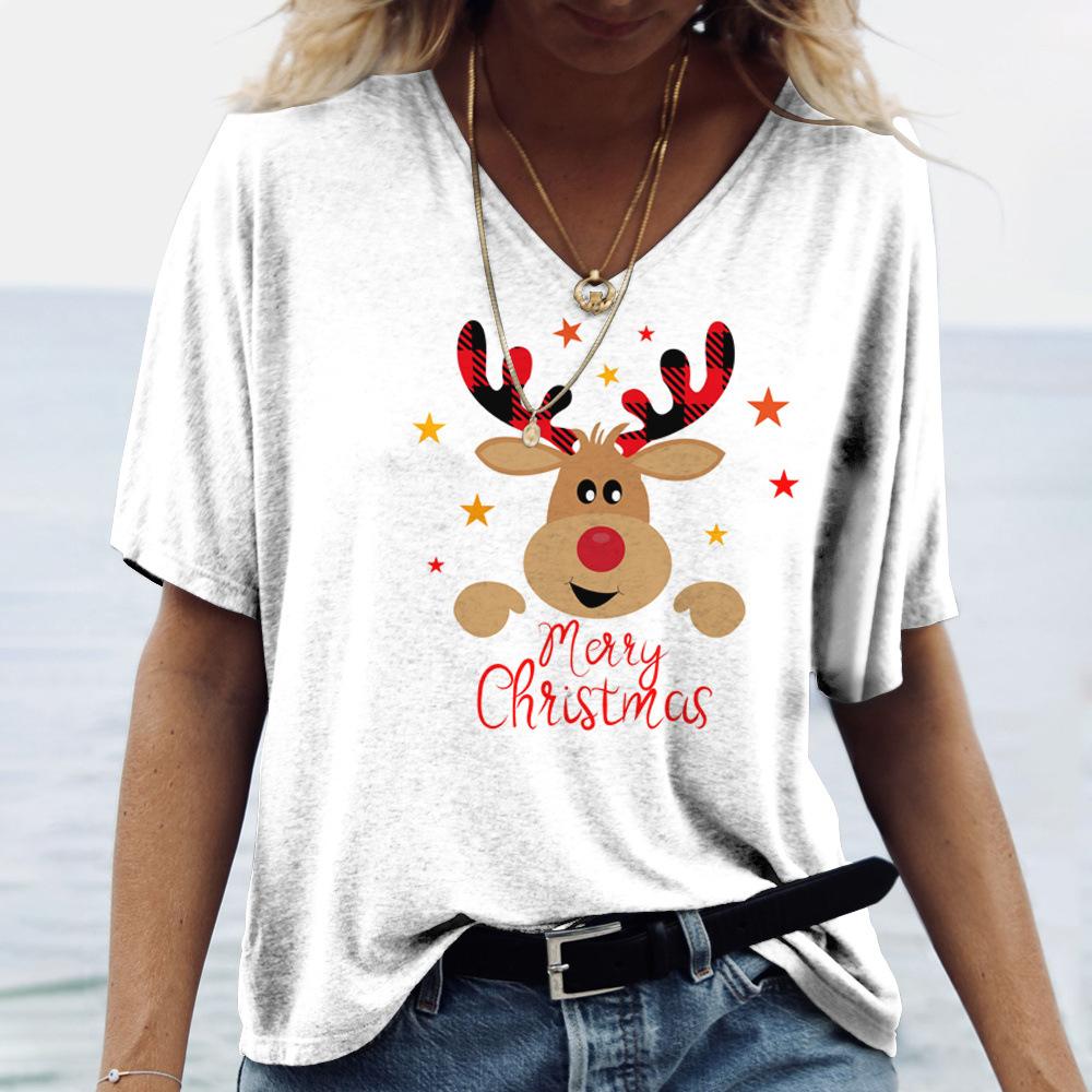 Футболка с короткими рукавами и V-образным вырезом большого размера 6XL Merry Christmas, женская, с принтом рождественской елки и Санта-Клауса, простая, модная, трендовая женская одежда