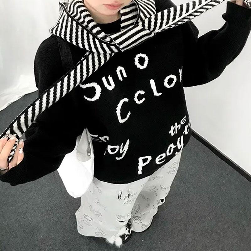 Vintage Letter Jacquard Weave Knitted Pullovers Women's Casual Autumn Winter Fashion Loose Basic Sweaters