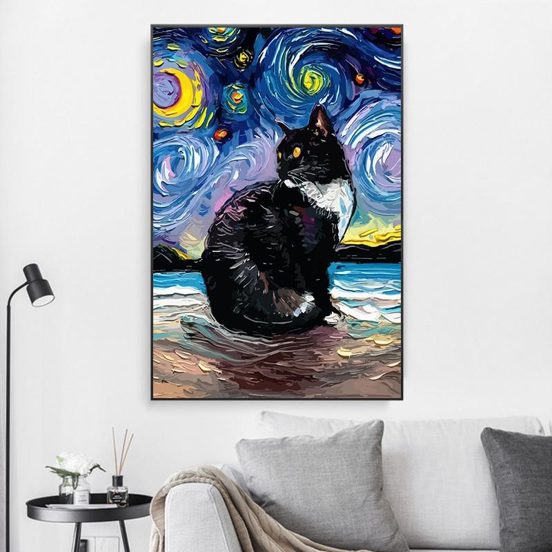 Abstract Van Gogh Starry Night Cat Poster Print Canvas Painting Cute Animal Wall Art For Living Room Home Decoration Cuadros