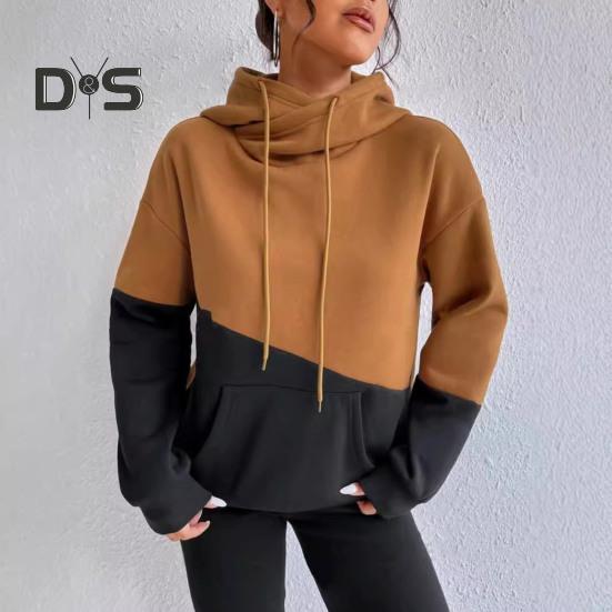 Женская толстовка с капюшоном на осень-зиму с цветными блоками, завязками на шнурке, длинными рукавами, эластичными манжетами и подолом, большим карманом, плотный спортивный топ для фитнеса