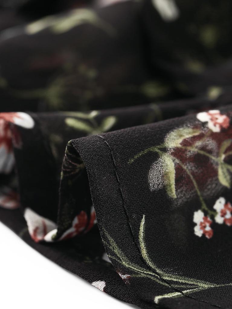 Платье с оборками Allegra K, рукав с оборками, самозавязывающийся пояс, V-образный вырез, шифон выше колена, А-силуэт, цветочный принт, женское, черное, размер 3XL