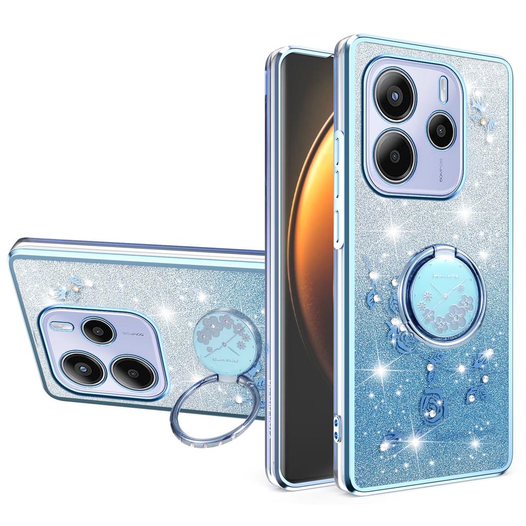 For Xiaomi Redmi Note 14 5G Case Ring Kickstand TPU Flowers Phone Cover Gradient Glitter