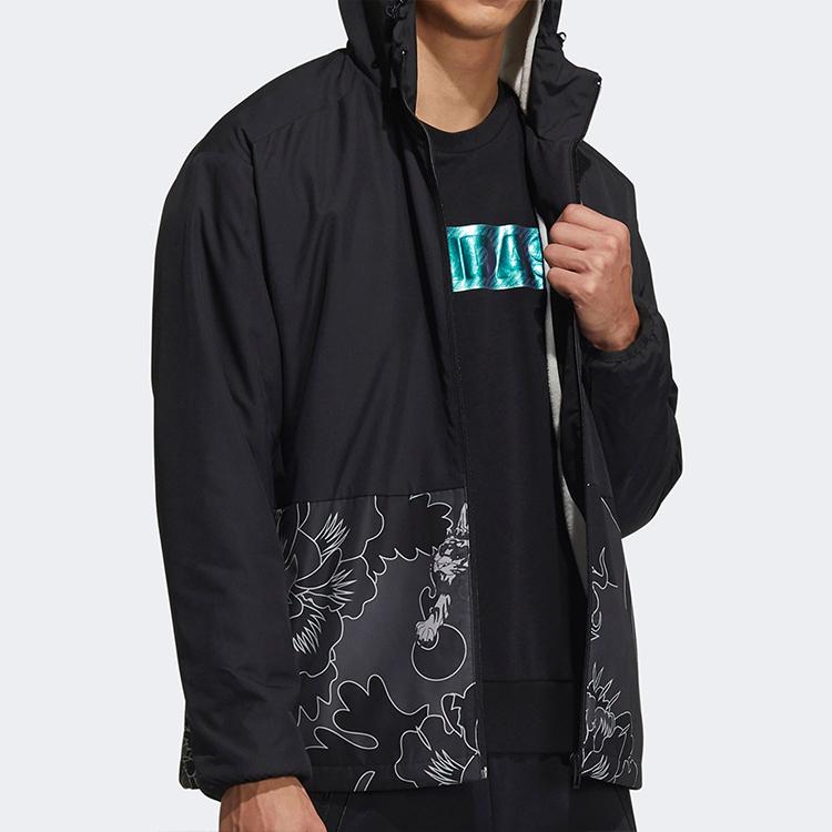 Adidas Aop Block Windproof Fleece-Lined Warm Hooded Jacket Men Outerwear Black GT6484