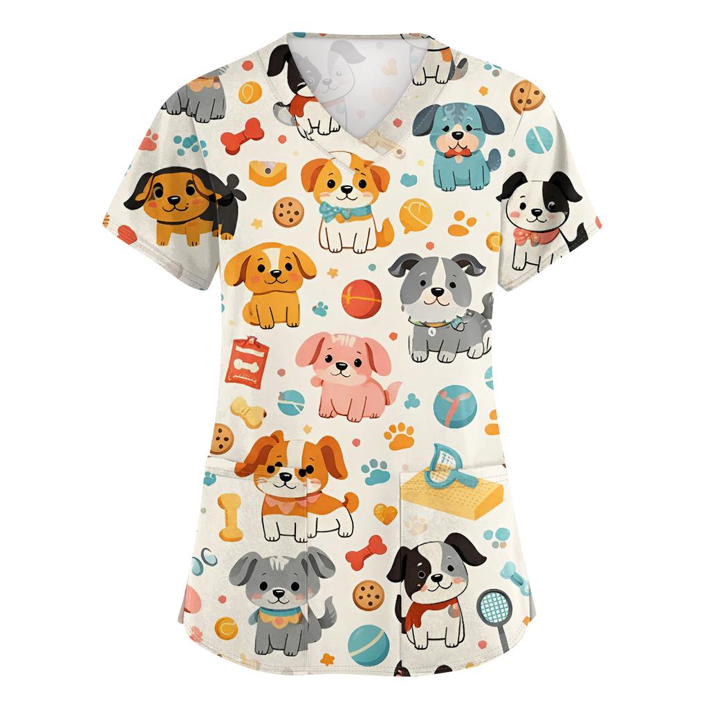 Women's Casual Short-Sleeve Cute Animal Print V-Neck Pocket Top