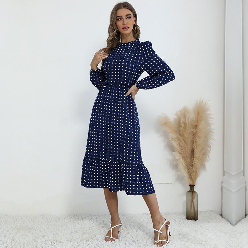 YYFS Женские винтажные повседневные платья в горошек с принтом на лето и весну с длинным рукавом и круглым вырезом с высокой талией