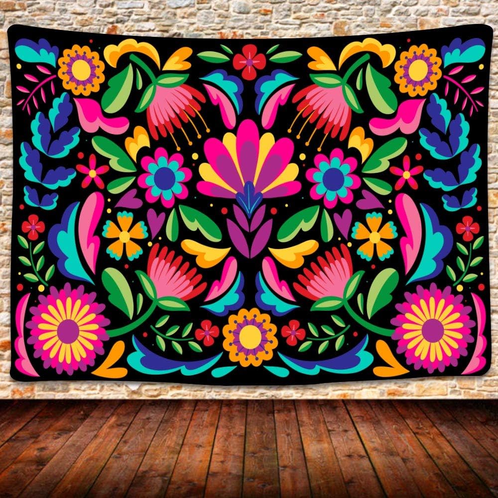 Mexican Tapestry Colorful Mexican Floral Embroidery Style Art Wall Hanging for Bedroom Living Room