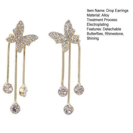 Women Detachable Butterflies Long Rhinestone Tassel Drop Earrings Piercing Shining
