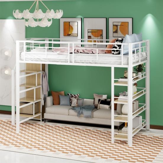 Bunk Bed Youth with Safety Stairs Several Shelves Built-in Wardrobe Adult Strong Load Bearing Metal Frame Loft Home Furniture Double Layer