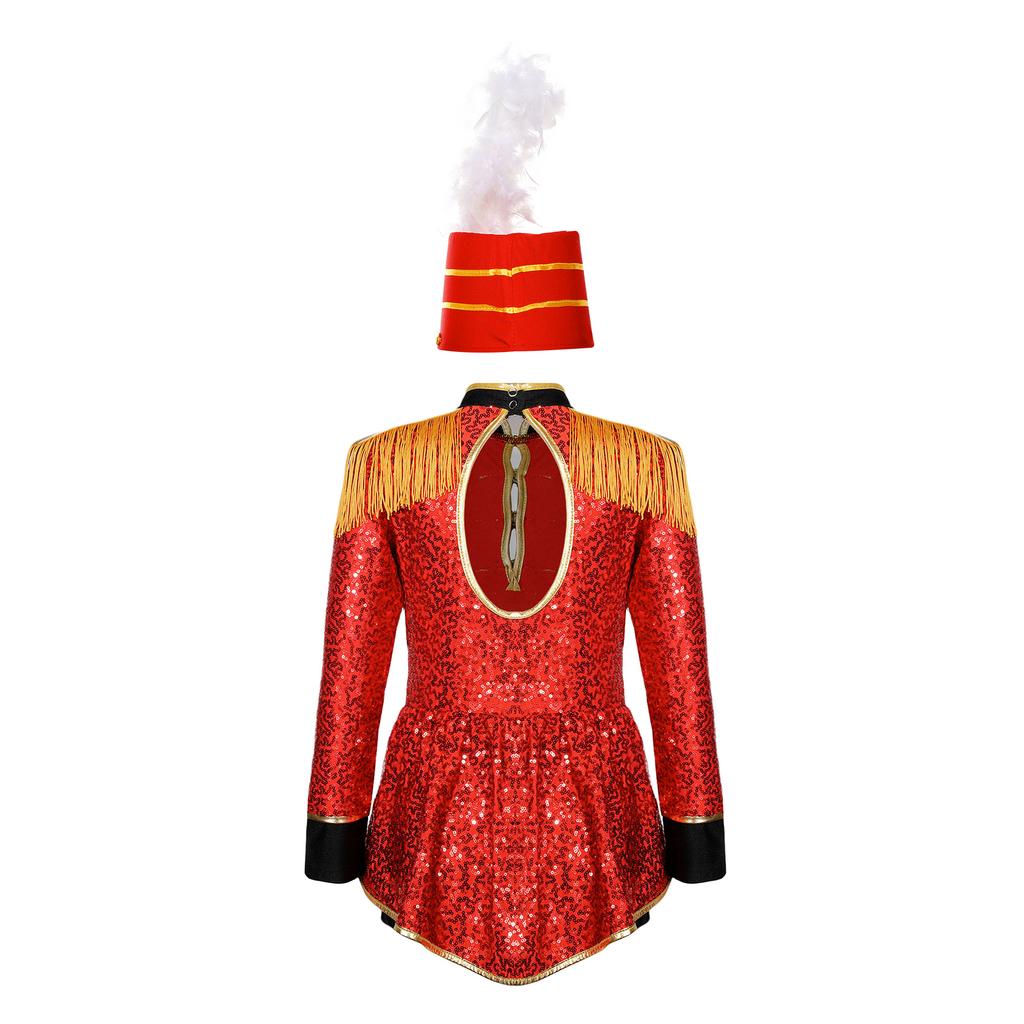 Girls Circus Drummer Costume Long Sleeve Sequined Bodysuit Fringe Epaulet Shoulder Mini Top Hat Accessory