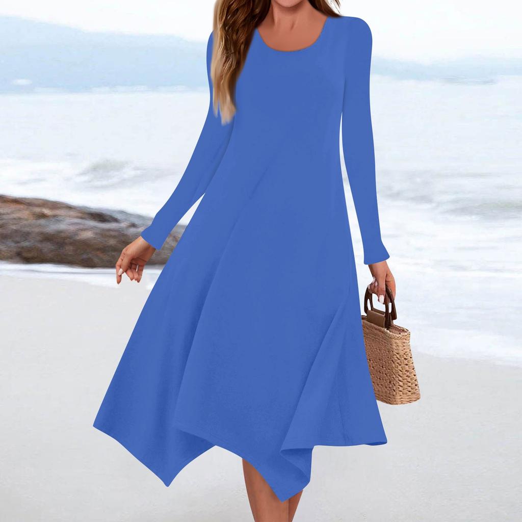 Women's Casual Fashion Round Neck Long Sleeve Solid Color Irregular Hem Midi Dress
