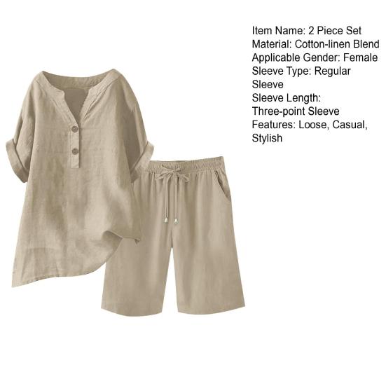 Комплект из 2 предметов из хлопка и льна для женщин, короткий рукав, V-образный вырез, широкие шорты, летний повседневный свободный комплект для отдыха