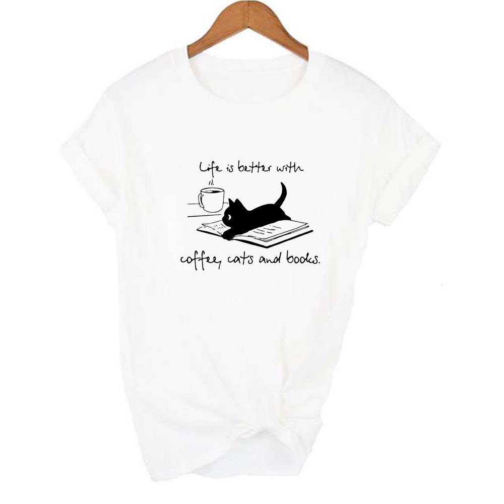 Life Is Better With Coffee Cats And Books T Shirt Women Funny Casual Tshirt Summer Style