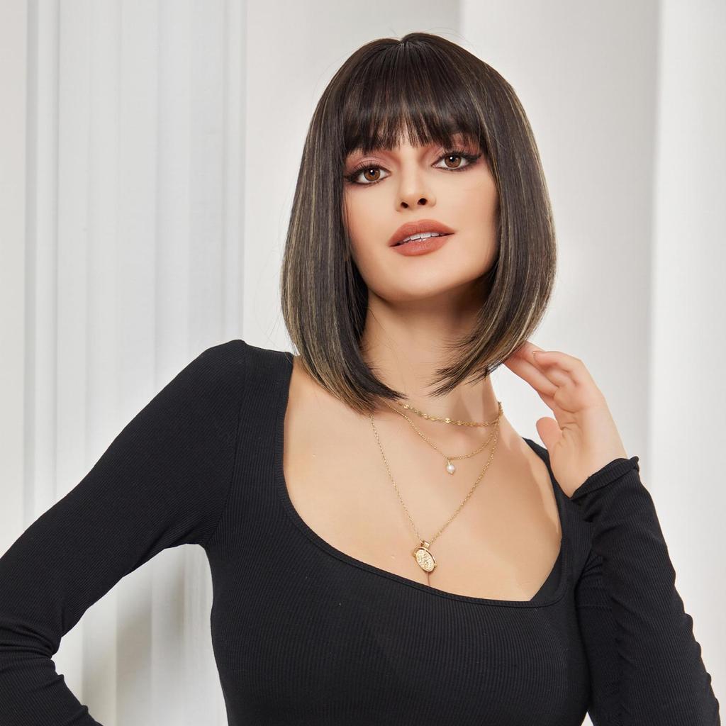 ALAN EATON Черный золотистый боб с челкой, короткий прямой парик, натуральный разноцветный волос для женщин, повседневный синтетический парик для вечеринок