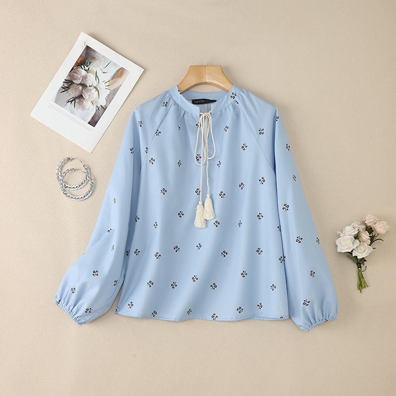 ZANZEA Женская повседневная блузка с круглым вырезом, цветочным принтом и длинными рукавами