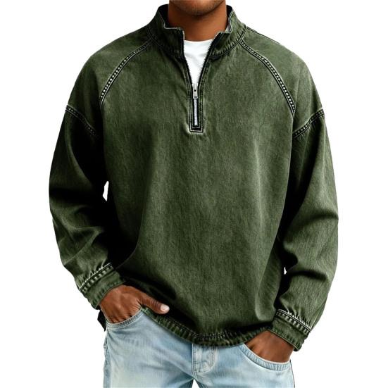 Мужской джинсовый пуловер на четверть молнии со стойкой воротником, винтажная повседневная толстовка с эффектом потертости, свободная толстовка с высоким воротником для вечеринки, улицы, отпуска