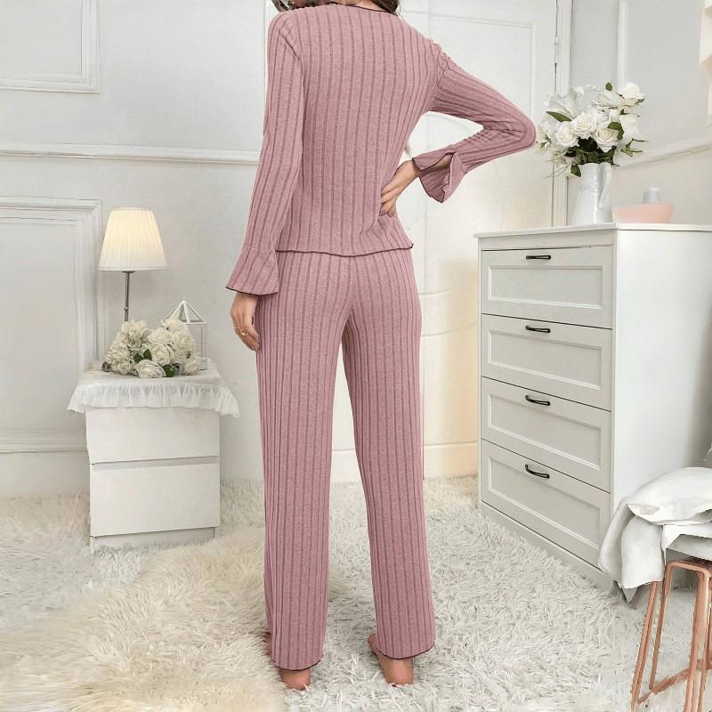 Womens Fleece Pajama Set With Collar Bow Long Sleeve Pants Cozy Home Lounge Sleepwear Winter