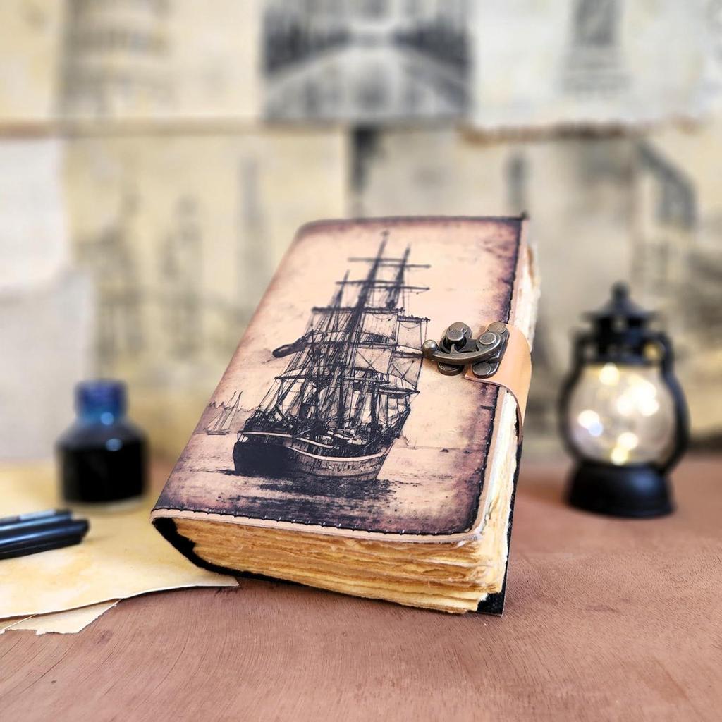 Sailing Ship Leather Journal Dairy Notebook Sketchbook 200 Deckle Papers C-Shape Lock for Closure