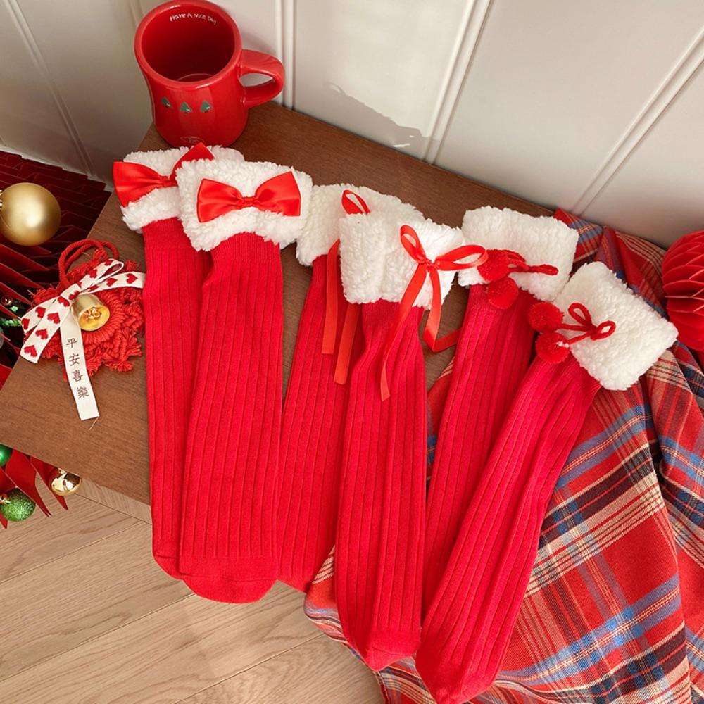 Personality Children Red Socks Breathable Bow Middle Tube Socks New Female Hosiery Christmas