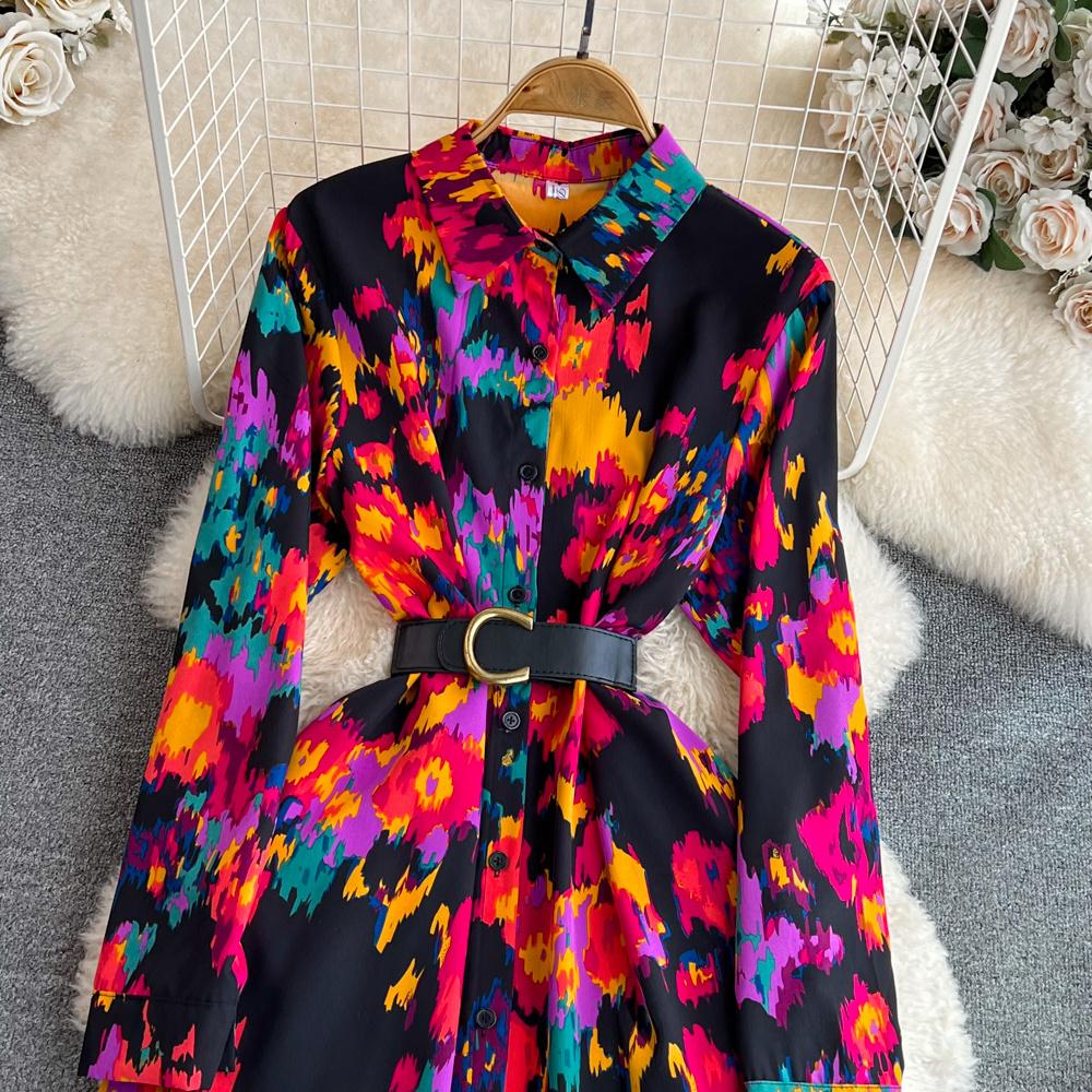 Новое осеннее модное женское платье с цветочным принтом, однобортное однобортное трапециевидное платье с отложным воротником и длинными рукавами, винтажные вечерние платья миди