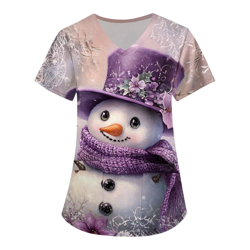 Women's Cute Printed Work Clothes V-neck Double Layer Pockets Basic Short Sleeve Top Pullover Christmas