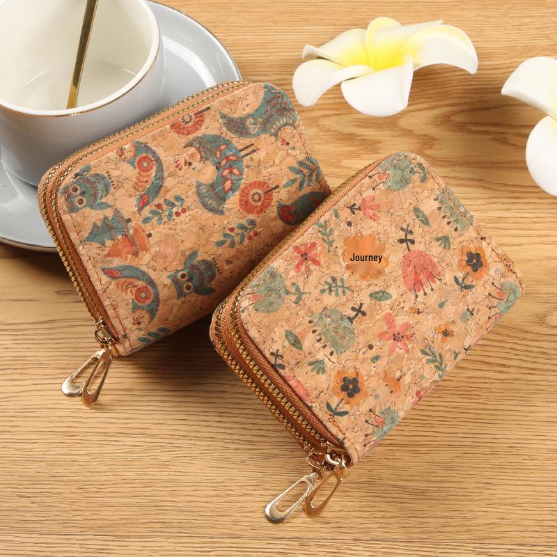 Retro Cork Print Leather Double Zipper Card Holder Wallet - Large Capacity and Portable