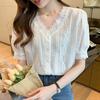 Summer Short Sleeve White Shirt Women Tops Office Chiffon Blouse Women With Lace Ctochet Button Up V Neck Clothing Blusas 20245