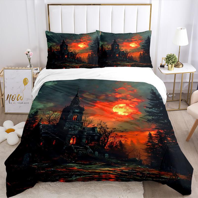 3pc Eerie Twilight Castle Cover Set - 1 Quilt Cover + 2 Pillowcases, All Seasons Bedroom Setting, Perfect for Home094