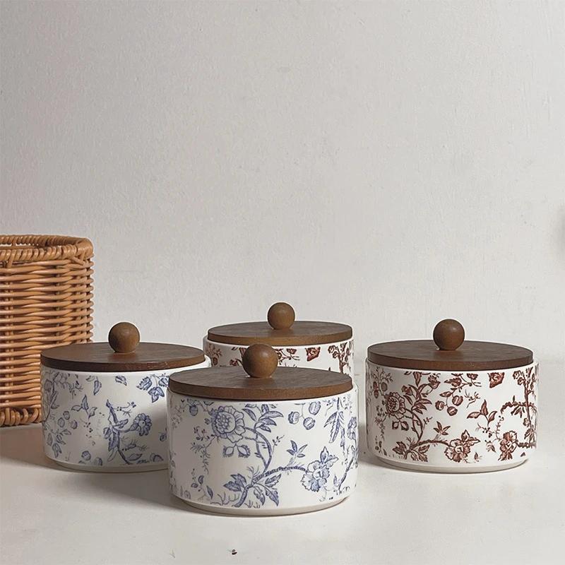 Керамическая коробка для хранения в стиле ретро с французскими цветами, чаша для ароматерапии, герметичная банка для хранения, коробка для хранения ювелирных изделий с деревянной крышкой