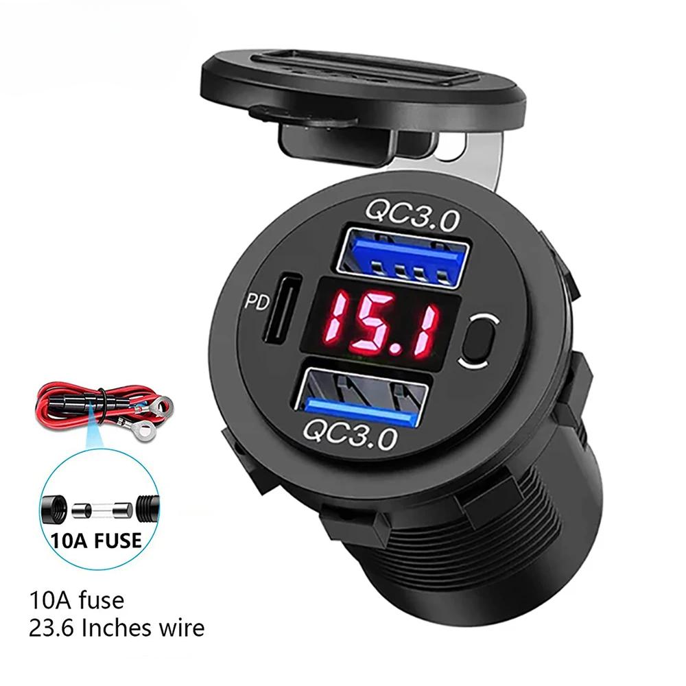 60 Вт PD Dual QC 3.0 USB зарядное устройство с цифровым вольтметром переключатель розетка адаптер питания водонепроницаемый 12 В 24 В автомобиль грузовик мотоцикл