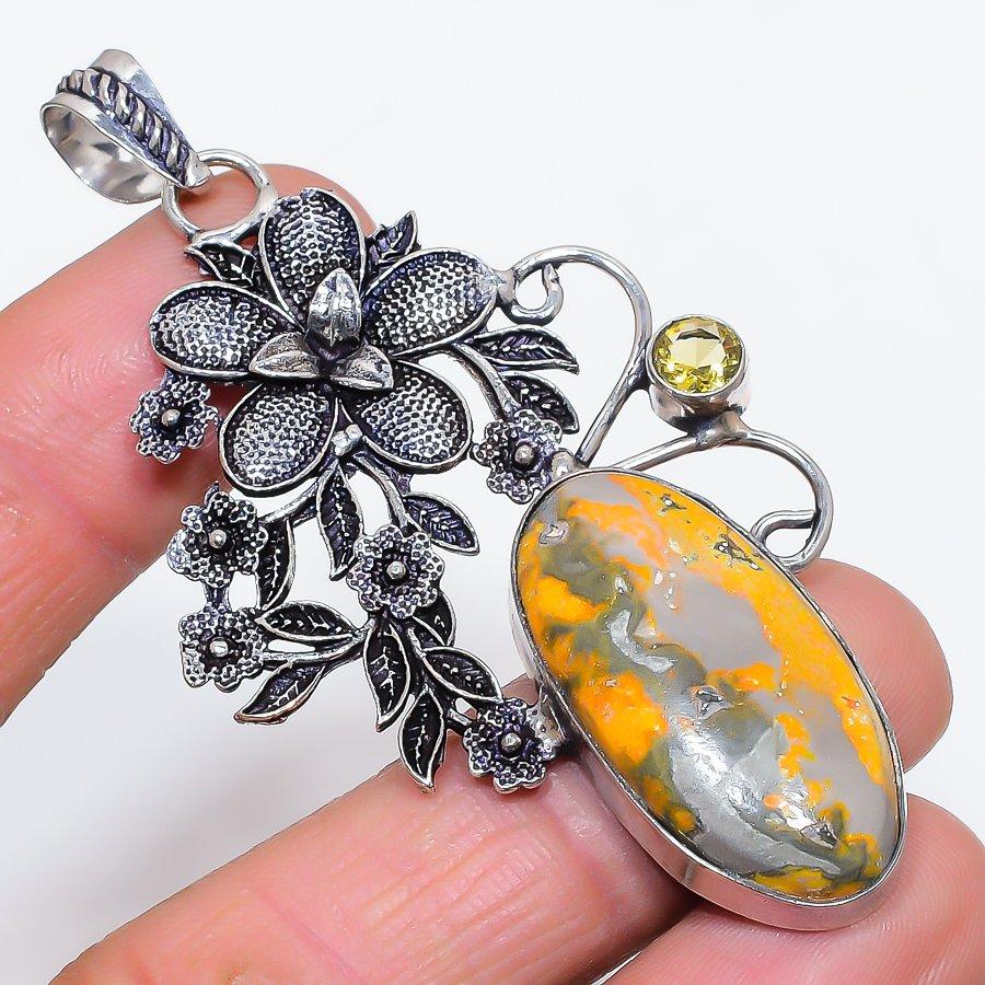 Bumble Bee Jasper, Citrine Handmade 925 Sterling Silver Pendant 3.03" T9c79