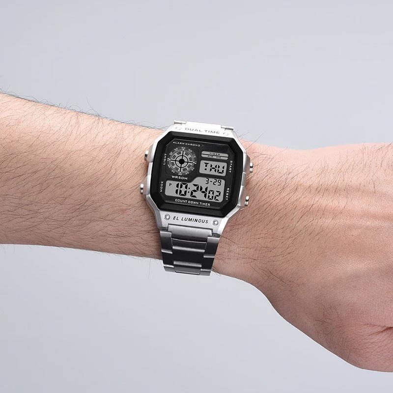 Наручные часы из нержавеющей стали, мужские цифровые спортивные часы с квадратным лицом и будильником, секундомер