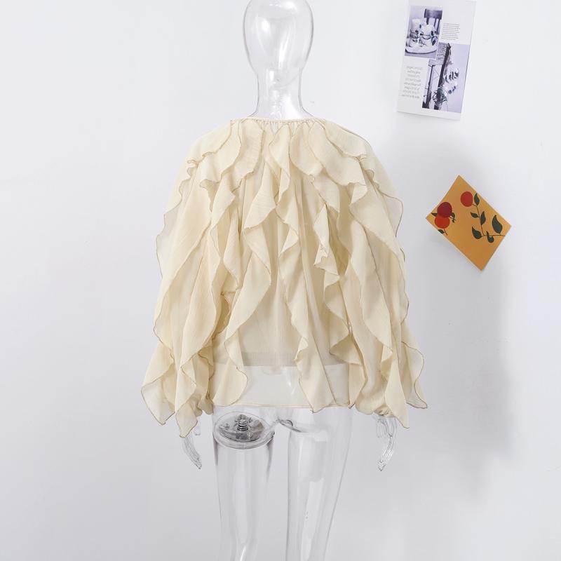 Chic Chiffon Ruffled Shirt Women Elegant Loose V-neck Long Sleeve Shirts Female 2025 Spring Vacation Street Lady Blouse Tops