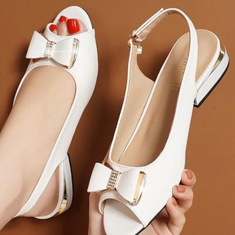 Women Rhinestone Buckle Sandals Low Heel Office Work Bow Leather Summer