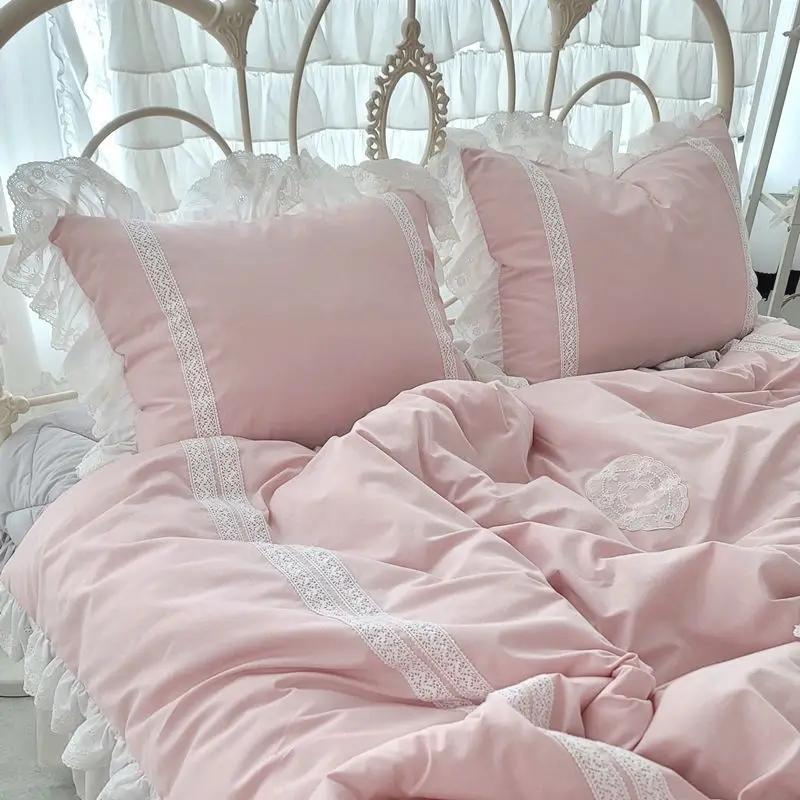 Korean Princess Style Bedding Set Stitch Lace Ruffles Bed Linen Room Decor Double Duvet Cover Set Bed Skirt Pillow Cases