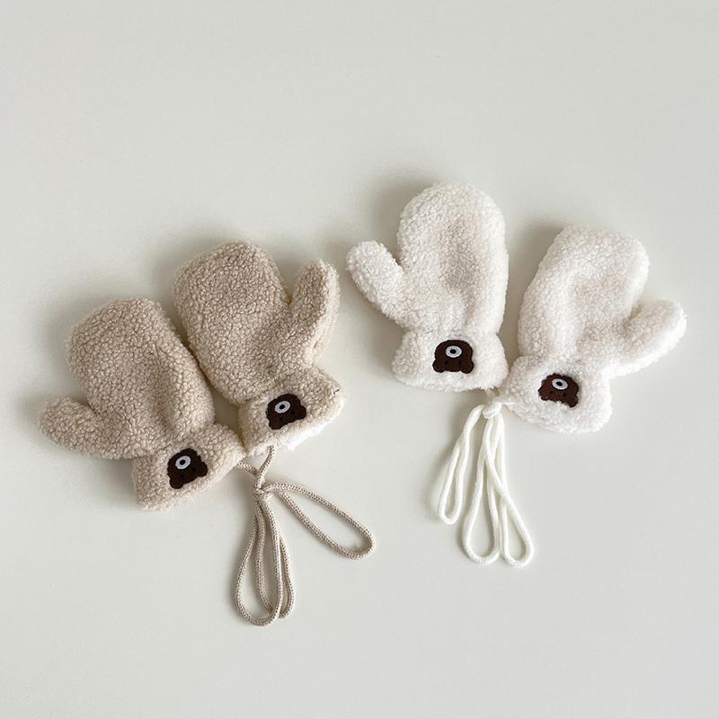 Cute Embroidered Bear Baby Gloves Lamb Wool Winter Boys Girls Full Finger Gloves Outdoor Windproof Warm Kids Mittens