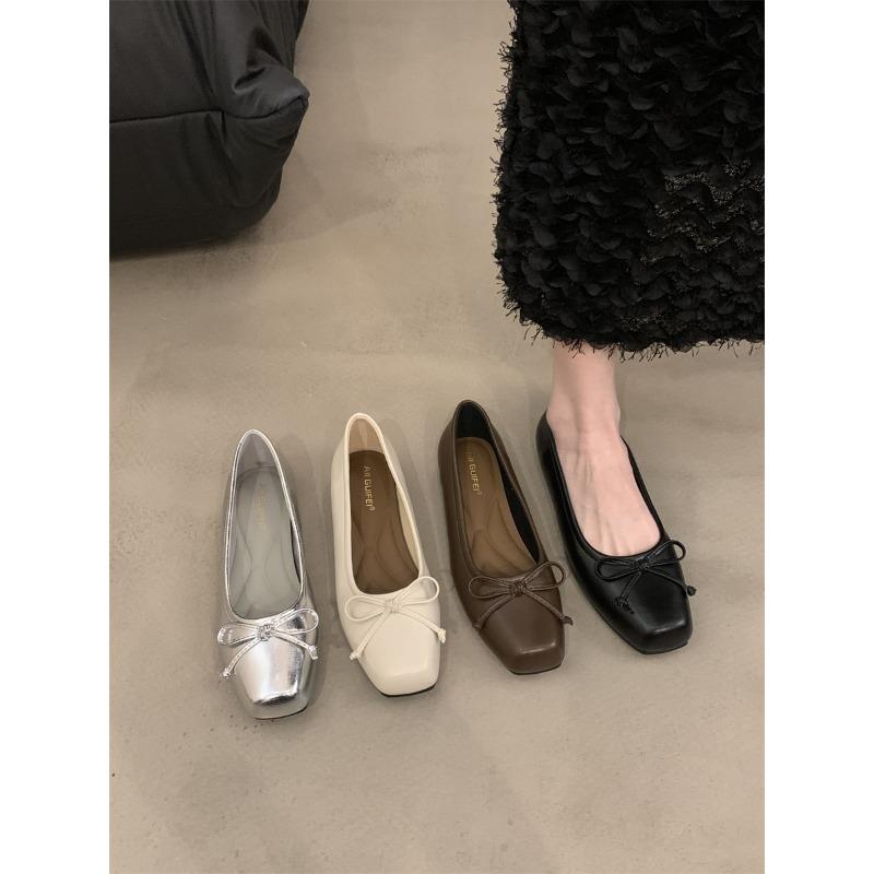 French Retro Silver Bow Flats Gentle Style Women's Shoes