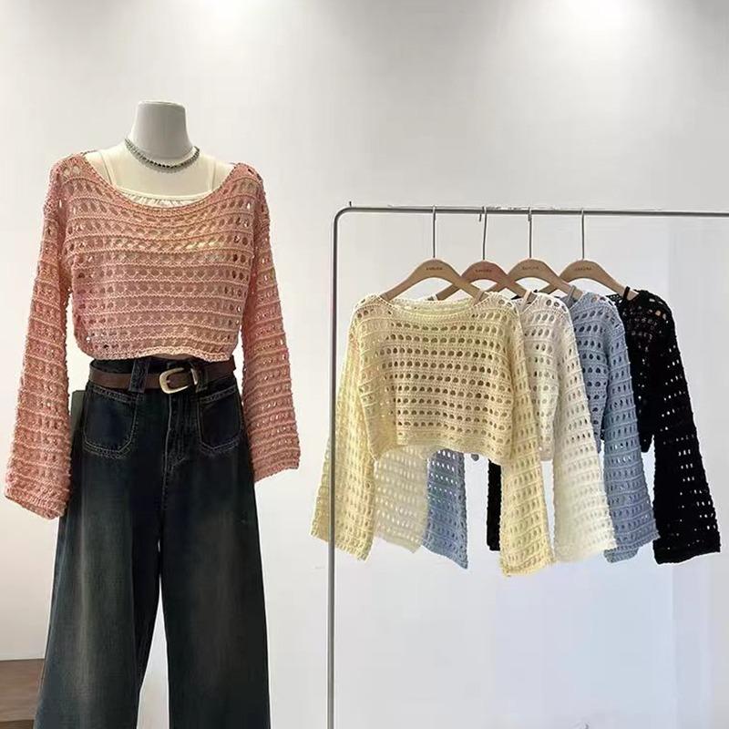 Модная новая женская рубашка с длинным рукавом, с вырезами, прозрачная, с круглым вырезом, вязаная накидка, повседневный короткий свитер, свободный, солнцезащитный, элегантный вязаный кроп-топ