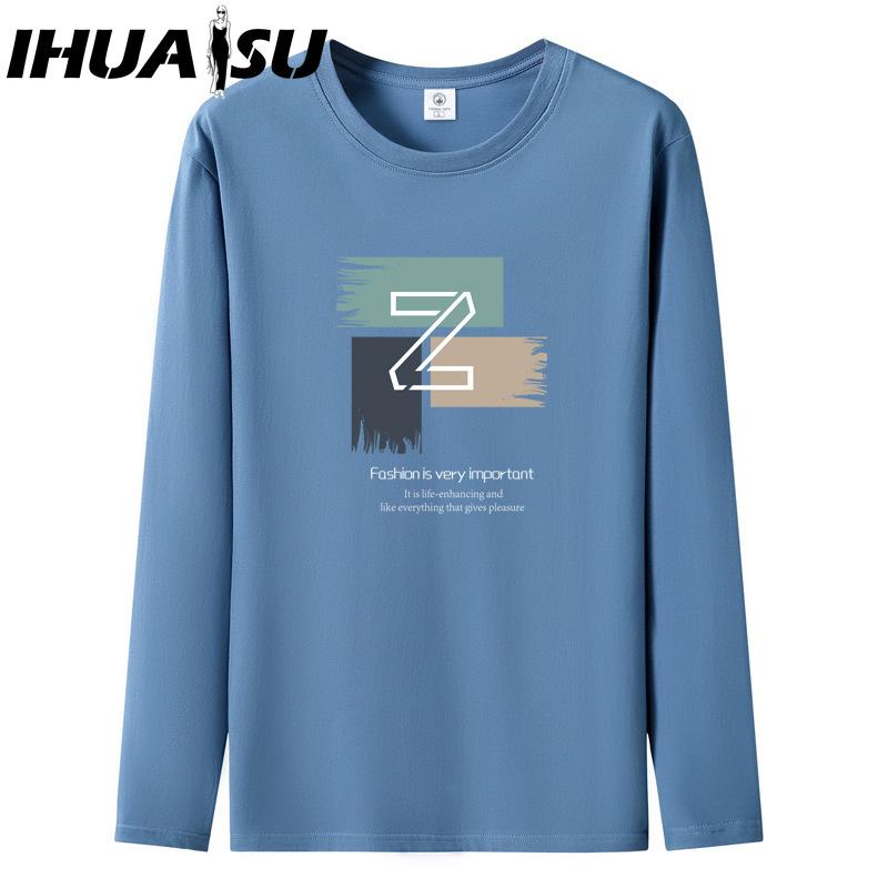 IHUASU Весенне-осенняя мужская футболка с длинными рукавами, мужская рубашка с круглым воротником