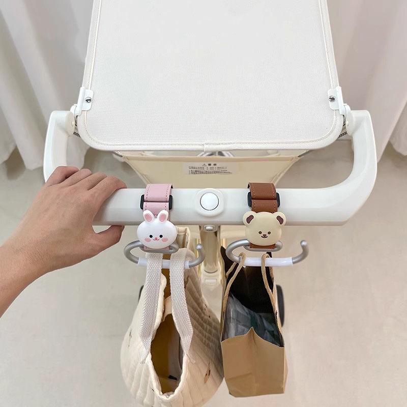 Baby Stroller Hooks 1/2Pcs Cute Bear PU Leather Non-Slip Hangers for Holding Groceries Diaper Bags Stroller Accessories