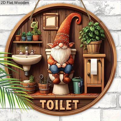 Деревянная табличка для ванной комнаты в стиле лодж с гномом - Рустикальная декоративная табличка с туалетом на семейную тематику - Идеальное подвесное украшение для дома, двора, балкона