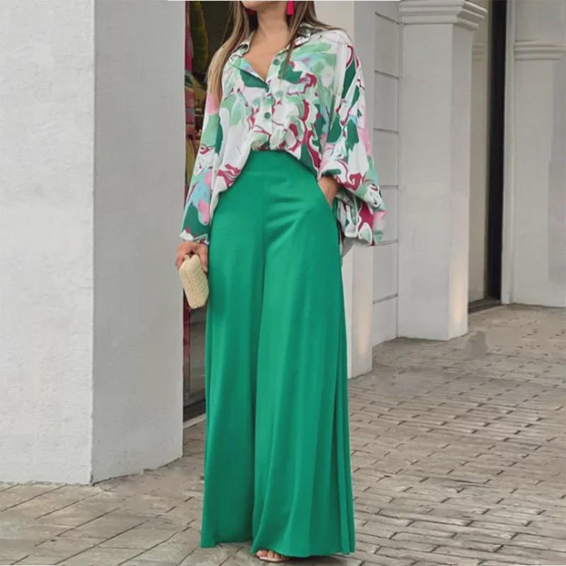 2024 Summer Women's Casual Printed Shirt & Wide-Leg Pants Set - Loose Fit, Large Size, European & American Style